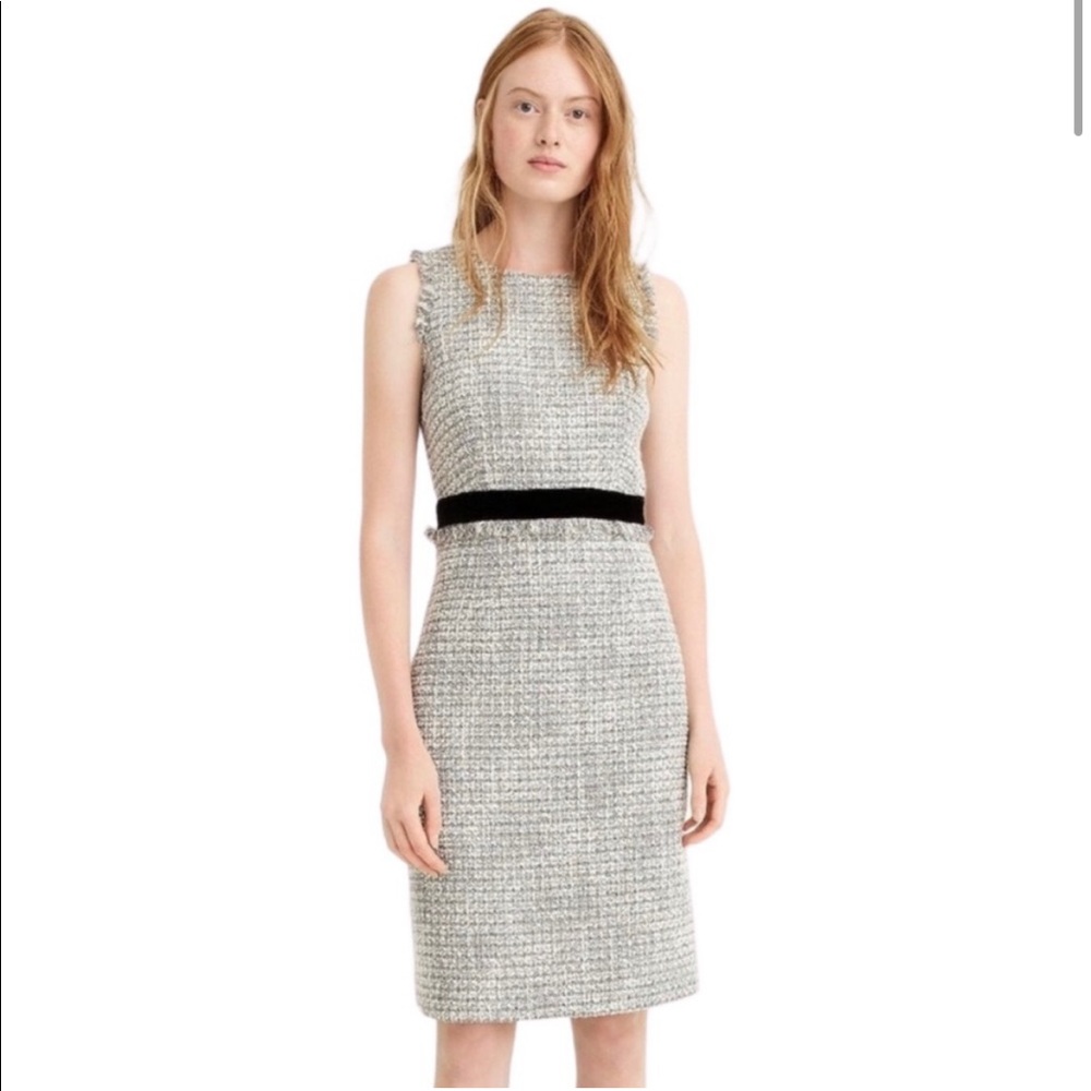 J. Crew Gray Tweed Midi Dress with Black Waistband